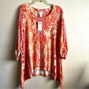 Chico's Top Blouse Tonic Eclectic Elegance Coral 3/4 SLV Sharkbite Women's Sz 2